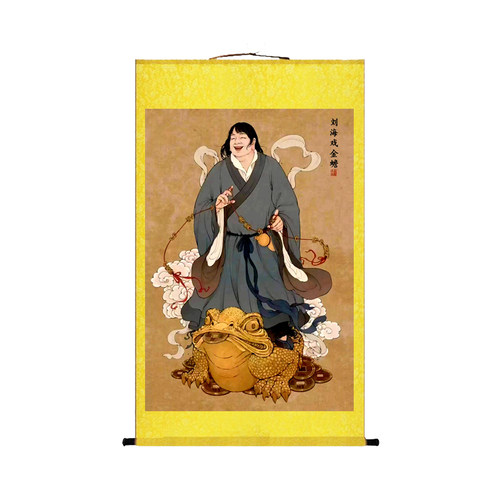 刘海戏金蟾画像挂画童子招财玄关客厅卷轴画丝绸装饰壁画_虎窝淘