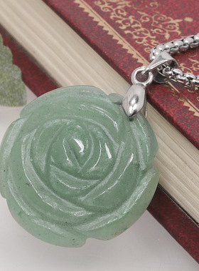 手工雕刻玫瑰花天然水晶石吊坠跨境工艺品玫瑰花水晶项链吊坠