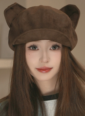 日系猫耳朵麂皮绒贝雷帽子女秋冬