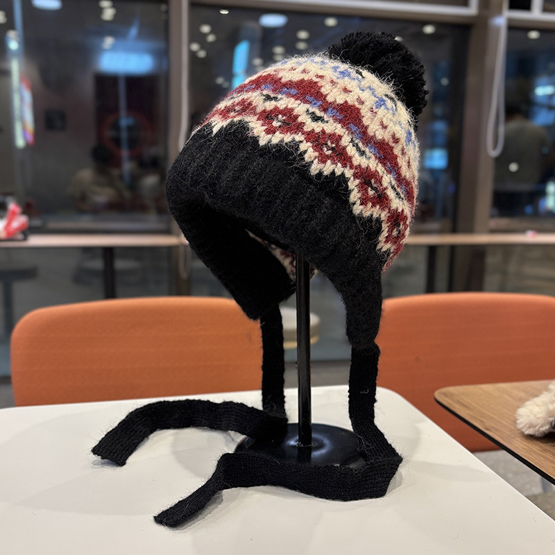 费尔岛复古提花防寒毛线帽子女冬季保暖护耳绑带针织帽防寒包头帽,淘宝优惠券,粉丝福利购,淘宝优惠卷