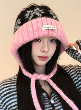冬季复古保暖护耳针织帽女显脸小