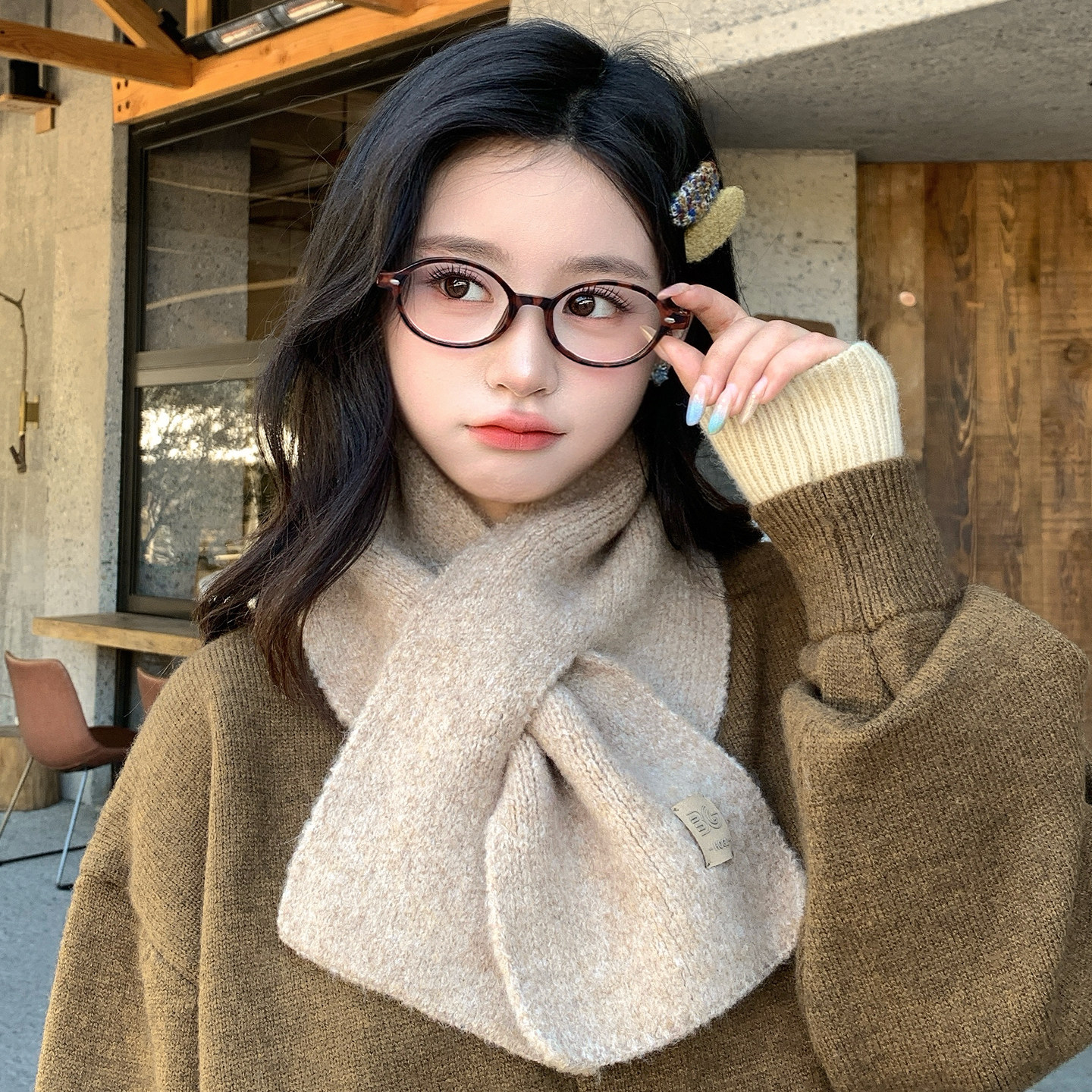 红色新款针织毛线交叉围巾女秋冬韩系氛围感护颈百搭保暖围脖女士,淘宝优惠券,粉丝福利购,淘宝优惠卷