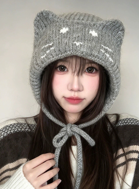 冬季猫耳系带针织帽女保暖护耳