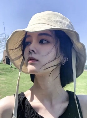 日系抽绳渔夫帽子女夏季薄款透气