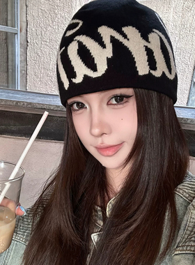 美式复古字母保暖毛线帽女款