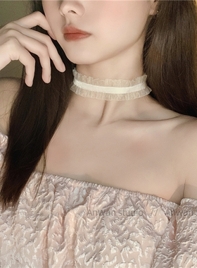 丝绒荷叶边锁骨链高端蕾丝甜美女