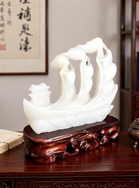 天然白玉帆船玉雕摆件公司办公室一帆风顺吉祥装饰品工艺礼品摆设