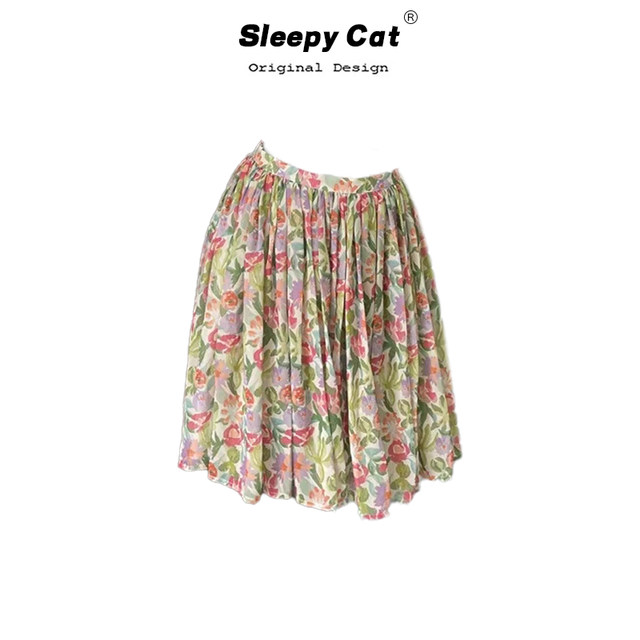 French style retro floral skirt for women, slim and versatile mid-skirt, summer printed A-line pleated skirt
