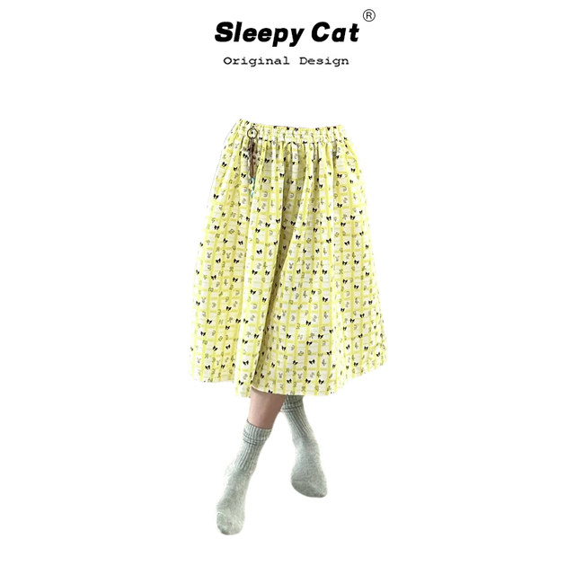 Korean niche fortune yellow plaid printed skirt 2025 new women's elastic waist slimming versatile tutu skirt