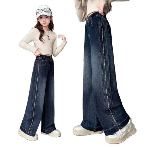 2025超火牛仔裤秋冬新款女大童加绒阔腿裤初中生冬装休闲直筒裤子 - 图3