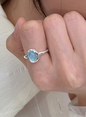 小清新海蓝宝戒指女开口可调节指环创意个性ins风感时尚气质