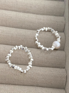 韩版简约小众碎银子珍珠戒指女时尚个性气质百搭感弹力绳指环