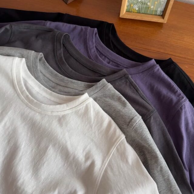 Iamstudio super slim machine washable basic right shoulder snowflake cotton solid color round neck T-shirt 3292