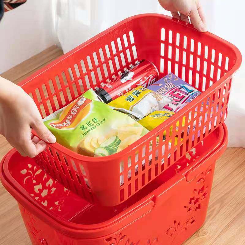 家用塑料超市购物双层带盖大红篮子买菜水果零食收纳野餐手提篮,淘宝优惠券,粉丝福利购,淘宝优惠卷