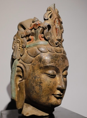 石雕仿古复古北齐青石彩绘观音头佛头佛首摆件做旧摆放佛堂供养