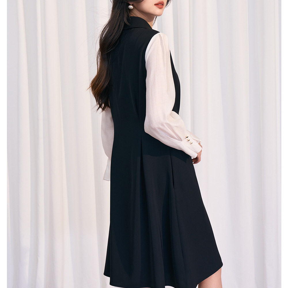 2026春新法式复古赫本风黑色拼接假两件西装领中长款连衣裙,淘宝优惠券,粉丝福利购,淘宝优惠卷