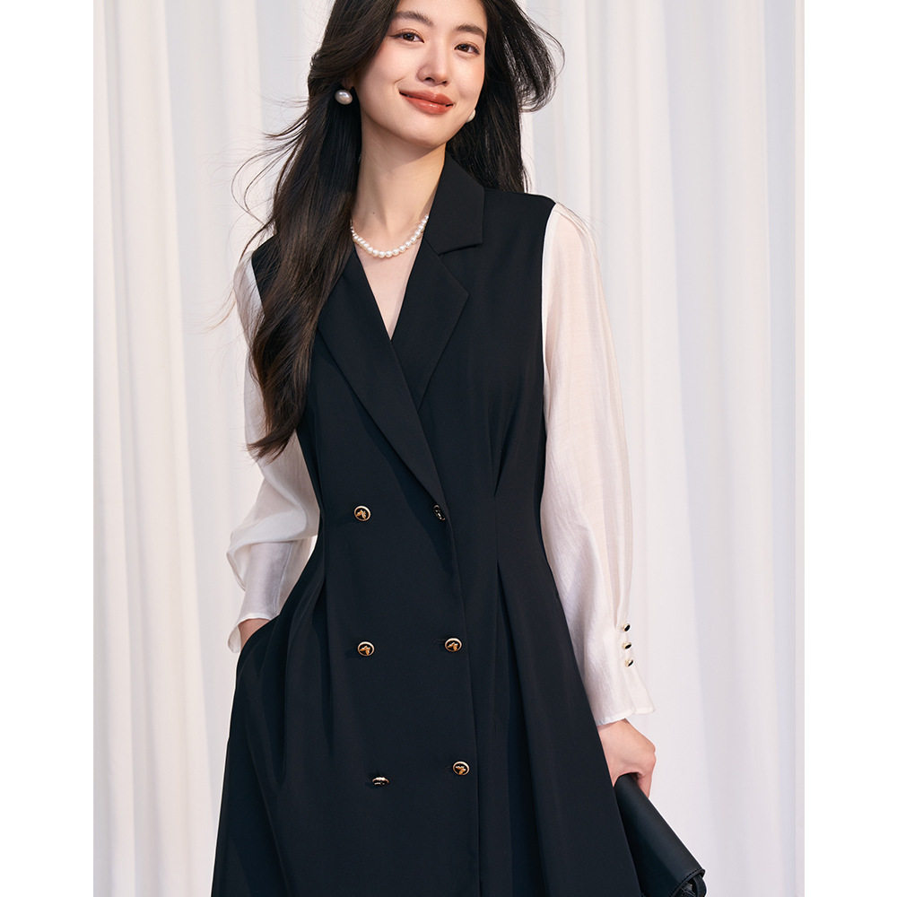 2026春新法式复古赫本风黑色拼接假两件西装领中长款连衣裙,淘宝优惠券,粉丝福利购,淘宝优惠卷