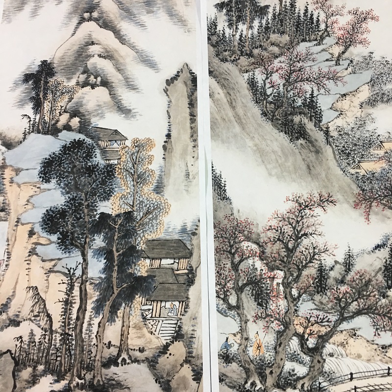 明俭山水四条屏 复古字画真迹艺术高清微喷复制品酒店挂抽装饰画 - 图1