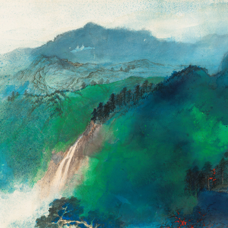 张大千谷口人家六尺横幅字画高清艺术微喷仿真复制酒店国画装饰画