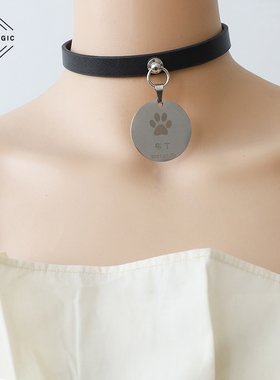 骨头真皮骨头猫爪圆形狗牌黑色