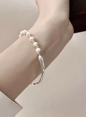 轻奢级感气质简约树枝手链白铜镀银半镯半链天然淡水珍珠手镯女