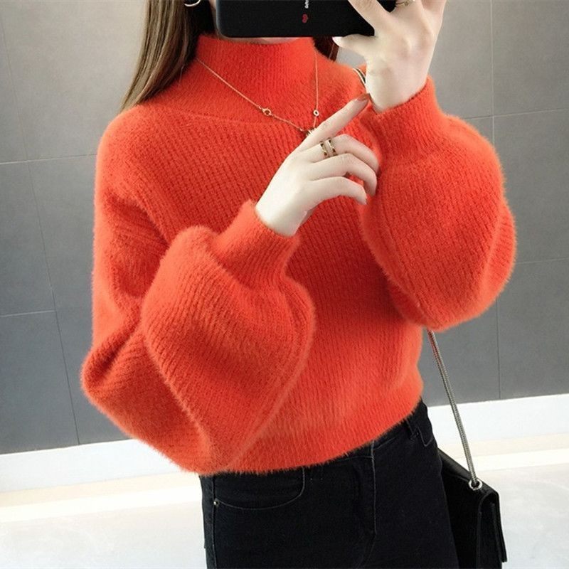 仿水貂绒毛衣女秋冬外穿半高领加厚新款小个子宽松针织打底衫,淘宝优惠券,粉丝福利购,淘宝优惠卷