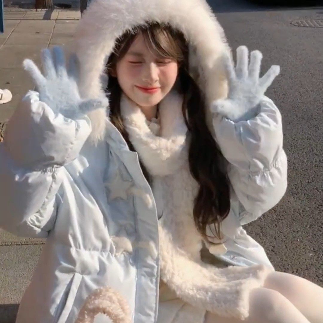 蓝色星星毛领连帽棉服外套女2025冬季新款加厚不臃肿宽松保暖棉袄,淘宝优惠券,粉丝福利购,淘宝优惠卷