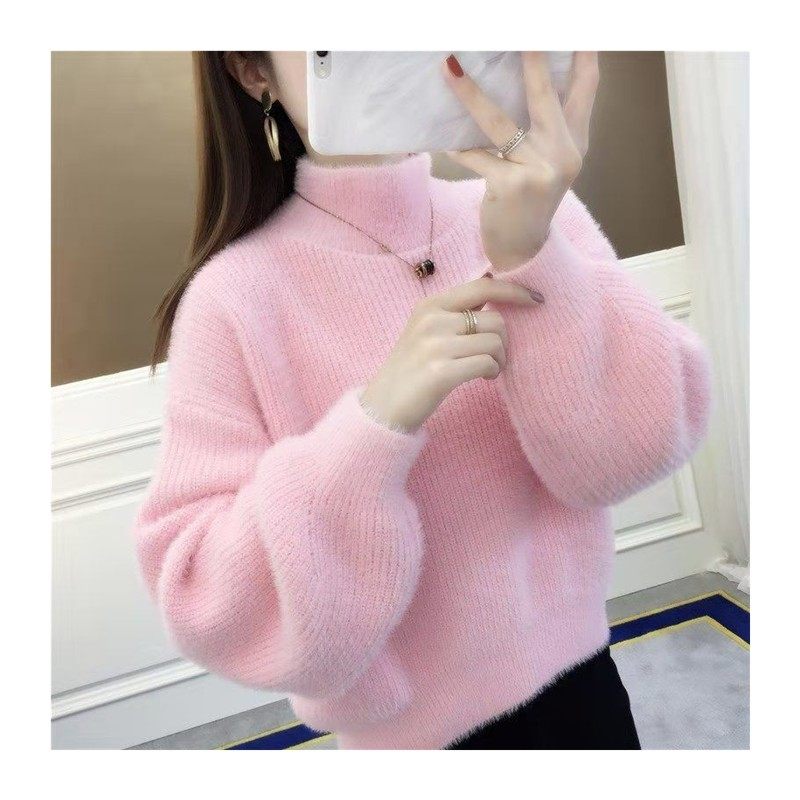仿水貂绒毛衣女秋冬外穿半高领加厚新款小个子宽松针织打底衫,淘宝优惠券,粉丝福利购,淘宝优惠卷