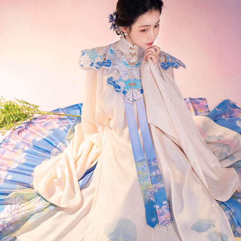 重回汉唐旗舰店重回汉唐睡莲明制汉服女正品原创立领长衫马面裙中国风云肩飘带1