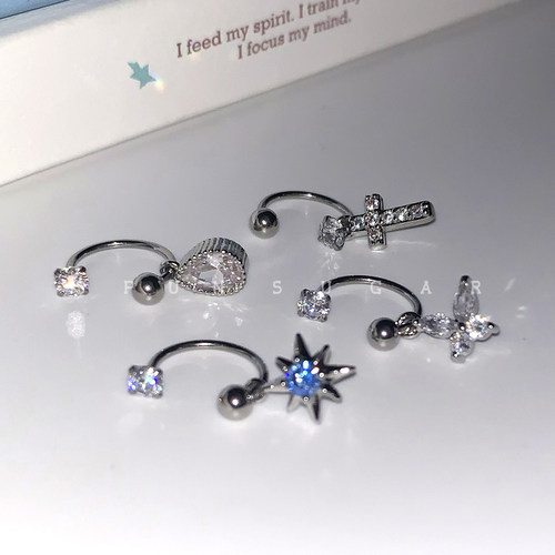 八星芒水滴锆石耳骨环U形马蹄环钛钢十字架蝴蝶耳骨钉养耳洞耳环 - 图0