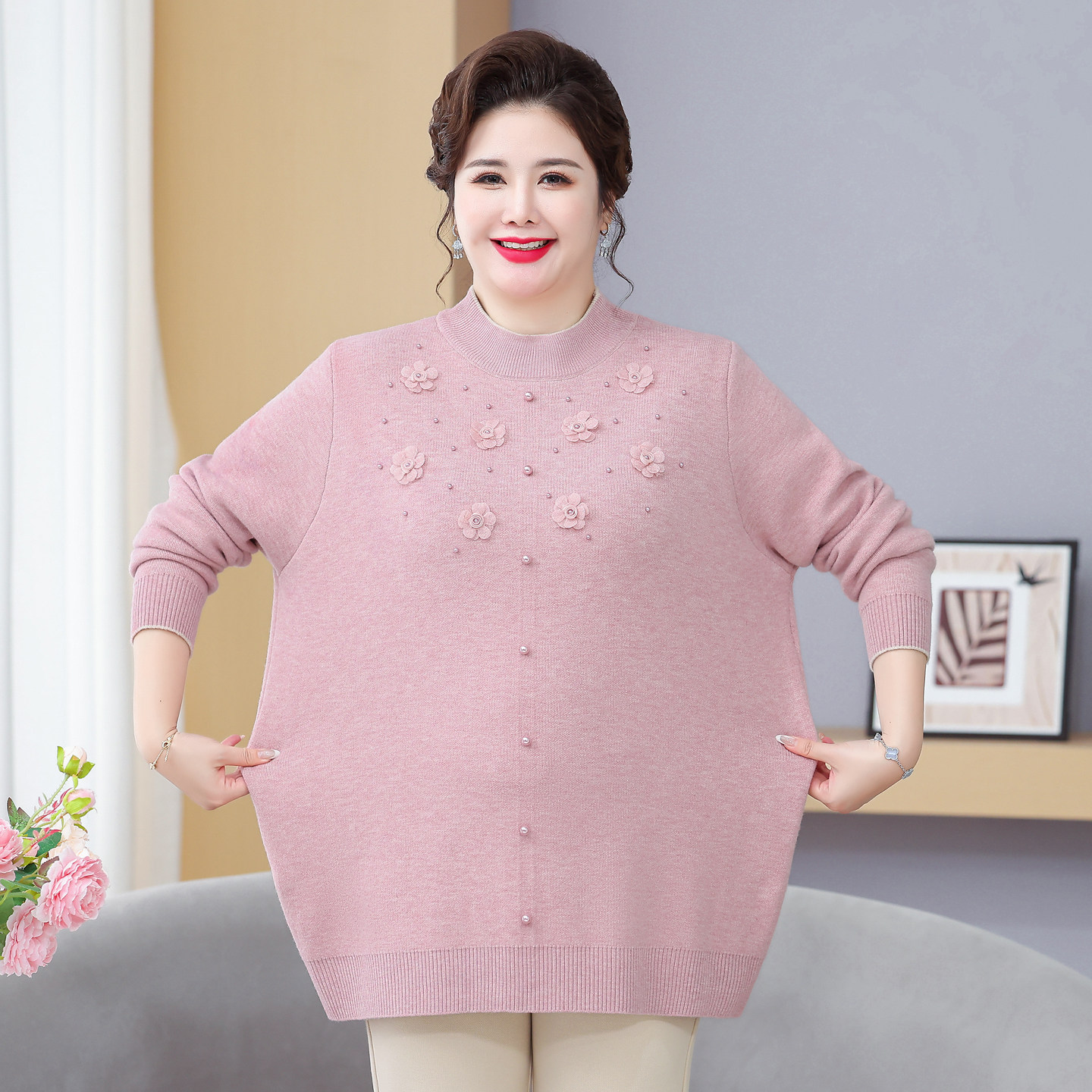 胖妈妈冬装毛衣加绒加厚中年人大码保暖打底衫中老年女装针织上衣,淘宝优惠券,粉丝福利购,淘宝优惠卷