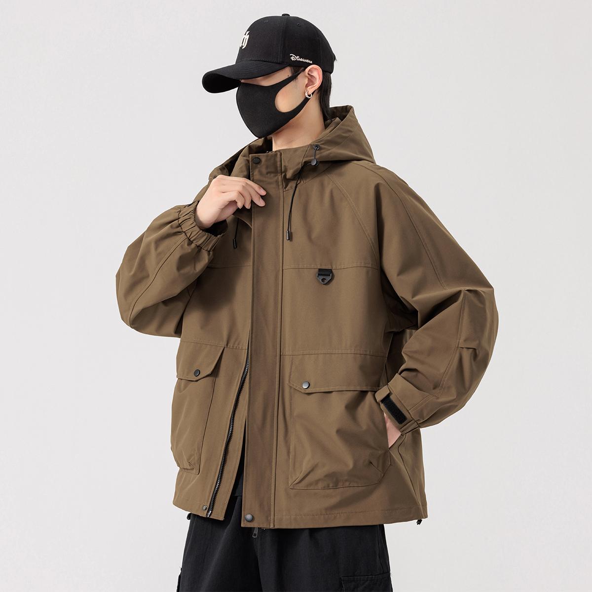 春季休闲连帽夹克男宽松休闲大码冲锋衣新款潮流工装胖子男装外套 - 图2