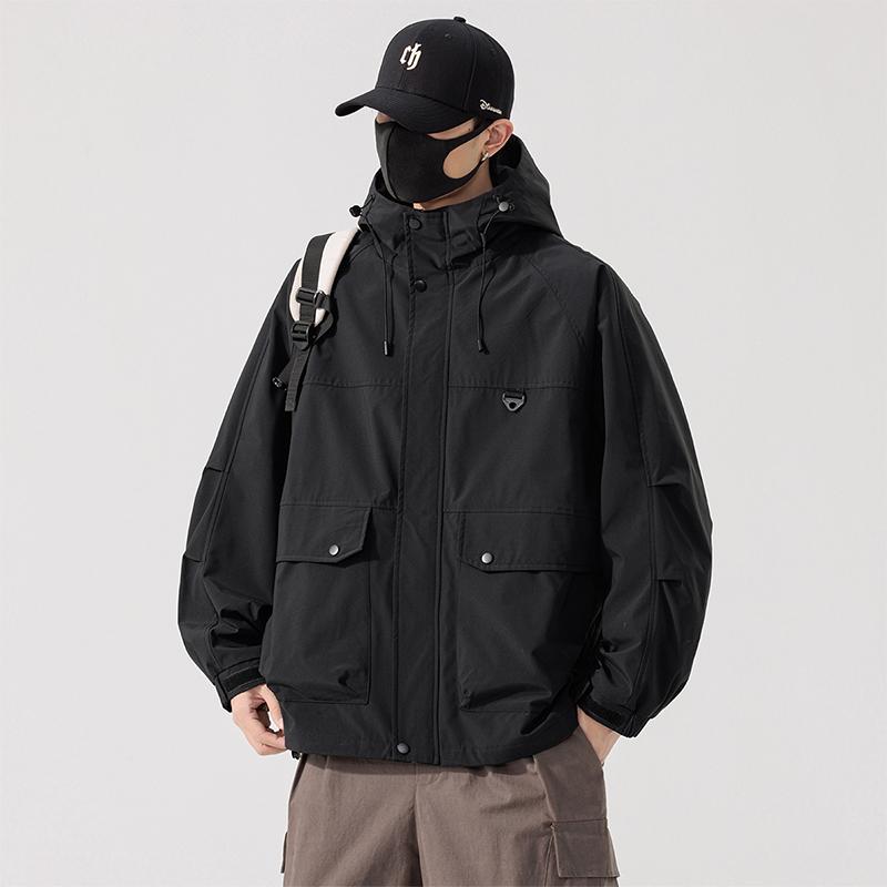 春季休闲连帽夹克男宽松休闲大码冲锋衣新款潮流工装胖子男装外套 - 图1