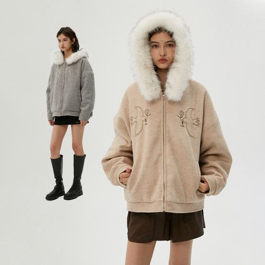 Clamisgold（岚室）飞鸟与花*连帽毛领羊毛呢大衣加绒厚外套棉服