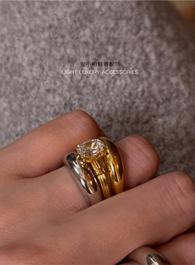 安小柏◆巨美 复古轻奢通体S925纯银镀金高碳钻石戒指叠戴女指环