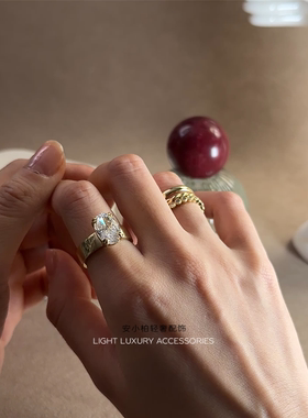 安小柏◆经典老钱风 巨美！通体s925纯银镀14k金鸽子蛋戒指欧美女