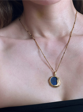 安小柏◆高保色18k镀金毛衣项链 欧美小众天然青金石月亮复古叠戴