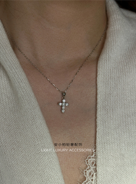 通体s925纯银莫桑石十字架项链