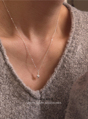 安小柏◆韩国小众银饰通体s925纯银拉丝纹星星精致圣诞感锁骨项链