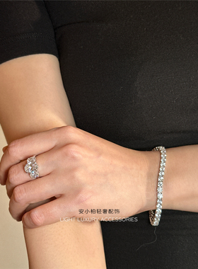 安小柏 巨闪D色高碳通体s925纯银网球手链满钻30分钻四爪排钻石女