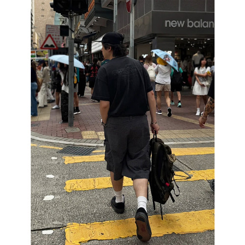 美式复古工装休闲七分格子裤男女夏季款宽松慵懒街头感阔腿短裤 - 图1