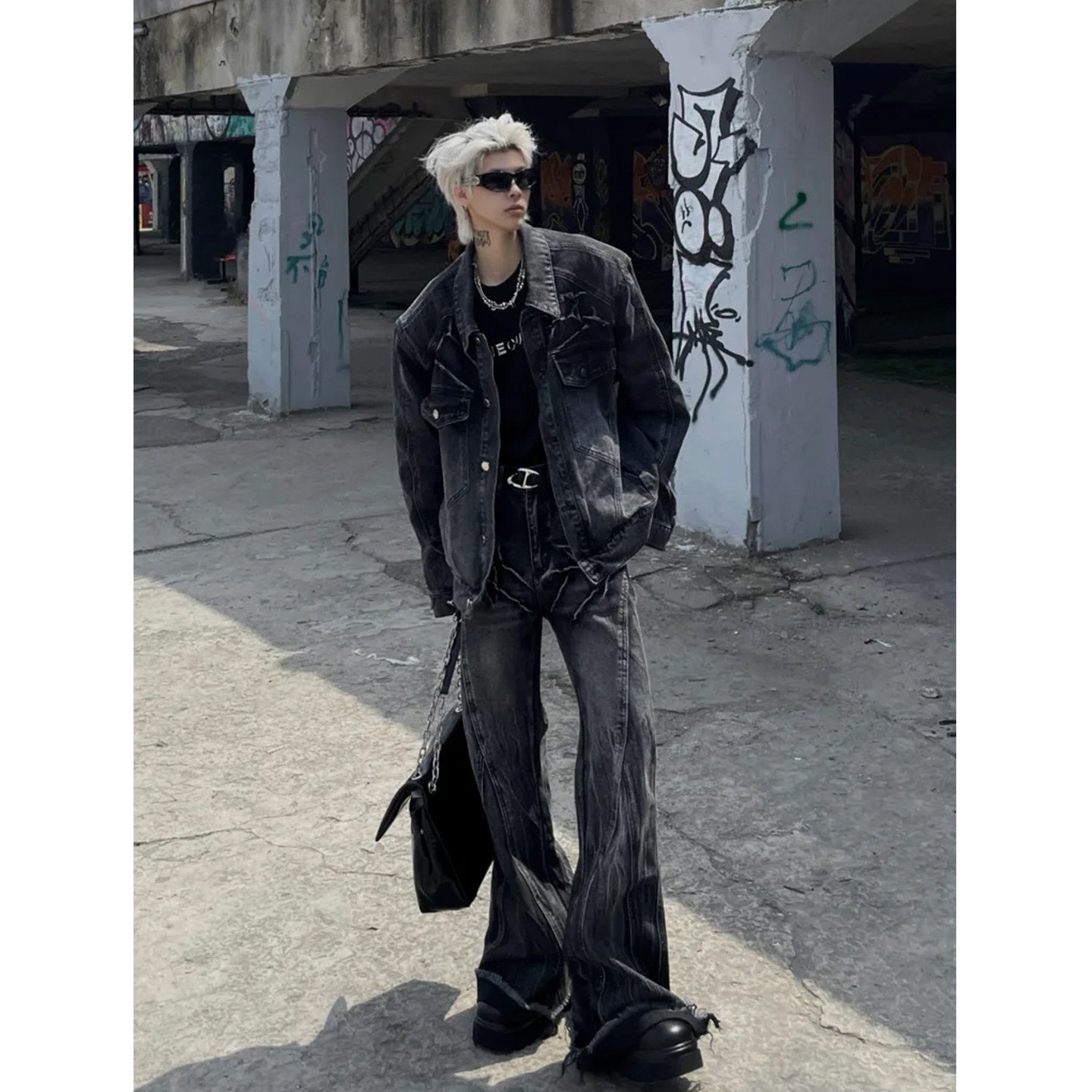 闪电水波纹设计感牛仔套装男小众春秋美式机车朋克长裤夹克两件套,淘宝优惠券,粉丝福利购,淘宝优惠卷