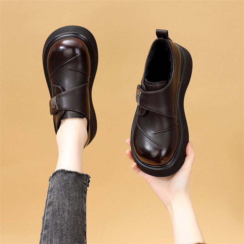 英伦风厚底乐福鞋女复古百搭圆头皮带扣单鞋皮面法式魔术贴豆豆鞋,淘宝优惠券,粉丝福利购,淘宝优惠卷