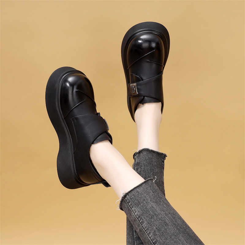 英伦风厚底乐福鞋女复古百搭圆头皮带扣单鞋皮面法式魔术贴豆豆鞋,淘宝优惠券,粉丝福利购,淘宝优惠卷