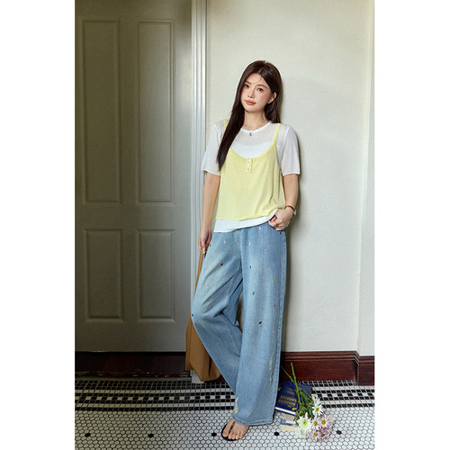 夏大大大码直筒显瘦牛仔裤2025夏季新款胖mm阔腿裤子小花裤长裤 - 图2