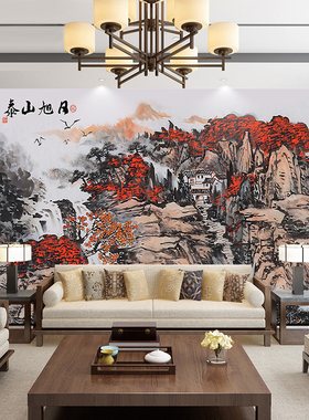 新中式客厅油画映山红壁画