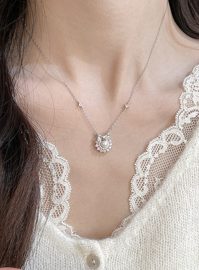 原创s925纯银白雪公主项链女日韩时尚珍珠锁骨链镶钻贝珠颈链饰品