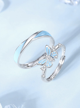 原创滴胶夜光莫比蝴蝶对戒男女饰品925纯银情侣戒指百搭开口指环