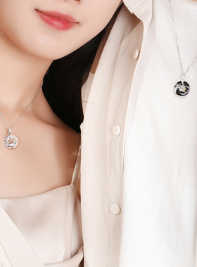 国潮纯银龙凤平安扣情侣项链男女原创生肖龙黑玛瑙吊坠锁骨链饰品