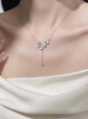 999足银蝴蝶流苏镶钻项链女韩版高级感森系足银锁骨链首饰品颈链